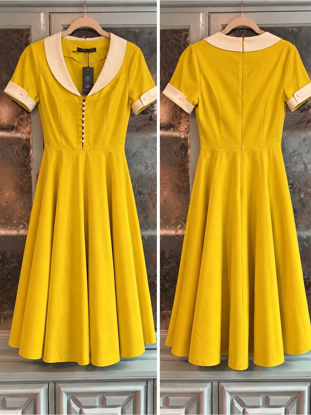 Vintage-Inspired Yellow Fit & Flare Dress with Contrast Collar